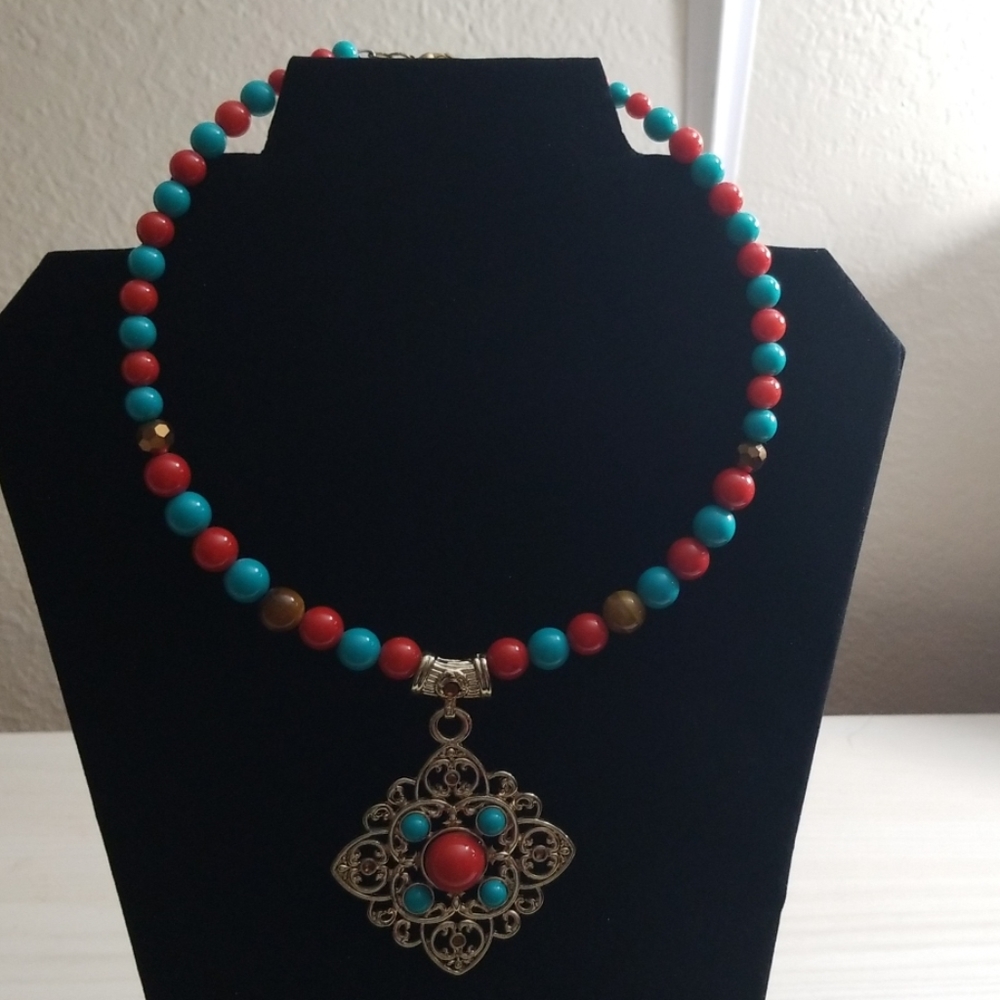 Aqua Blue/Orange Bead Necklace